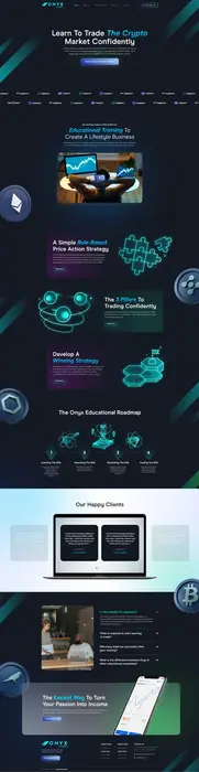 Onyx cryptocurrency trading education website design with dark blue and teal colors featuring educational roadmap, price action strategy, trading tips, testimonials, and mobile app showcase