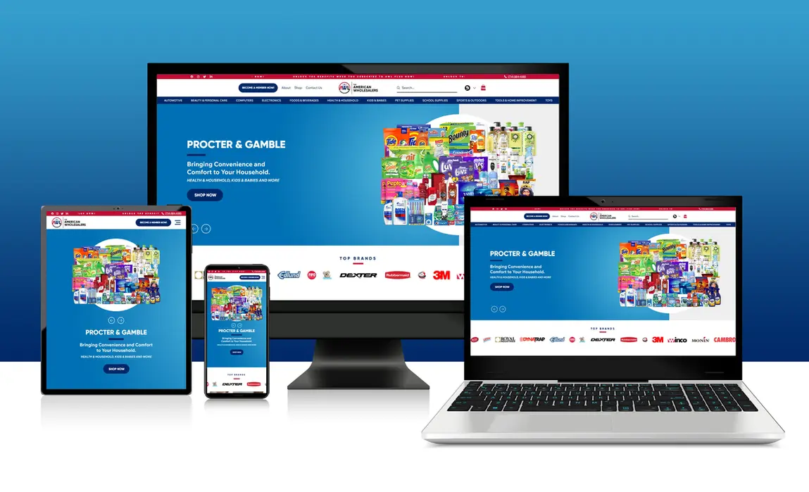 American Wholesalers responsive website mockup displayed on desktop, tablet, and mobile devices featuring Procter & Gamble product showcase and navigation menu