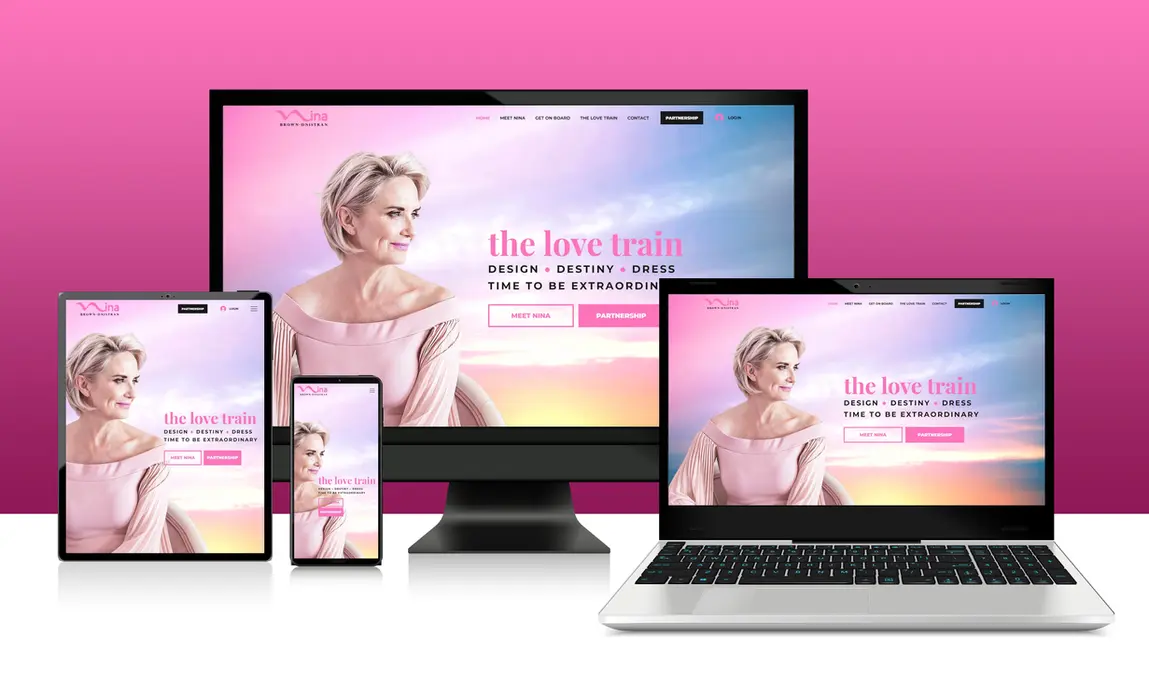 The Love Train personal branding website responsive mockup with pink and purple gradient design displayed on desktop, tablet, and mobile layouts