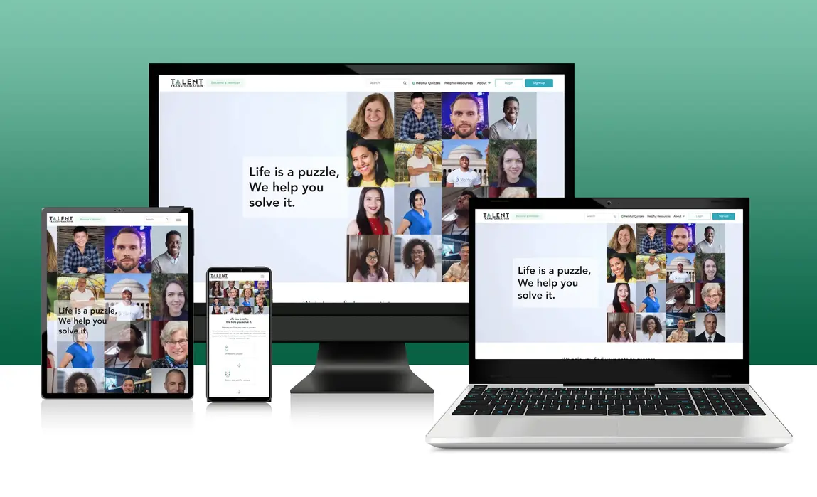 Responsive website design mockup for TALENT recruitment platform showing desktop, tablet, and mobile layouts with tagline "Life is a puzzle, We help you solve it" and team member photo grid