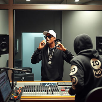 A 6'4_ tall thin rap star wearing sunglasses and a white ballcap is spewing lyrics behind 