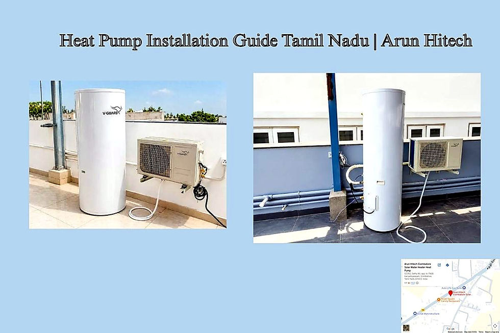 Heat pump units installed on a rooftop in Tamil Nadu, showcasing a step-by-step guide by Arun Hitech for efficient installation and use.