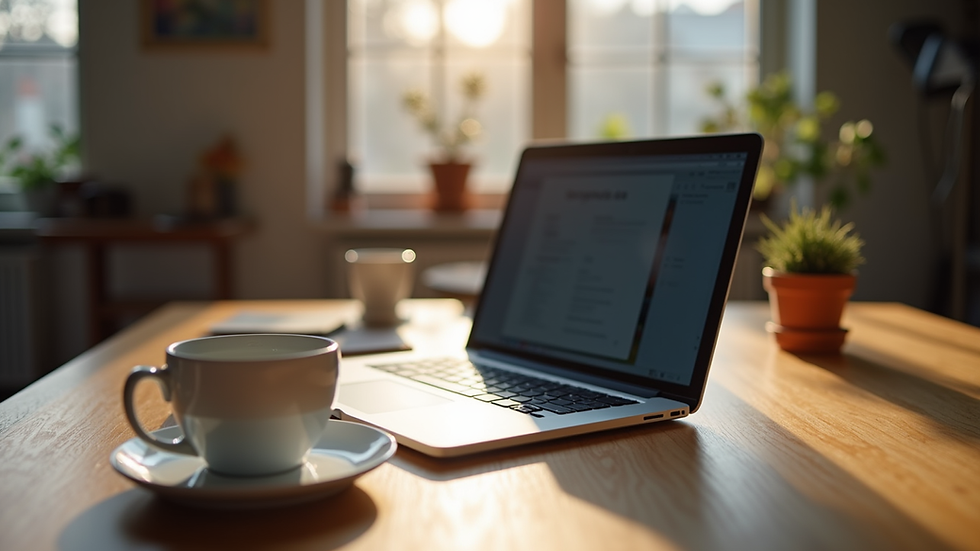 Eye-level view of a cozy home office with a laptop and a cup of coffee