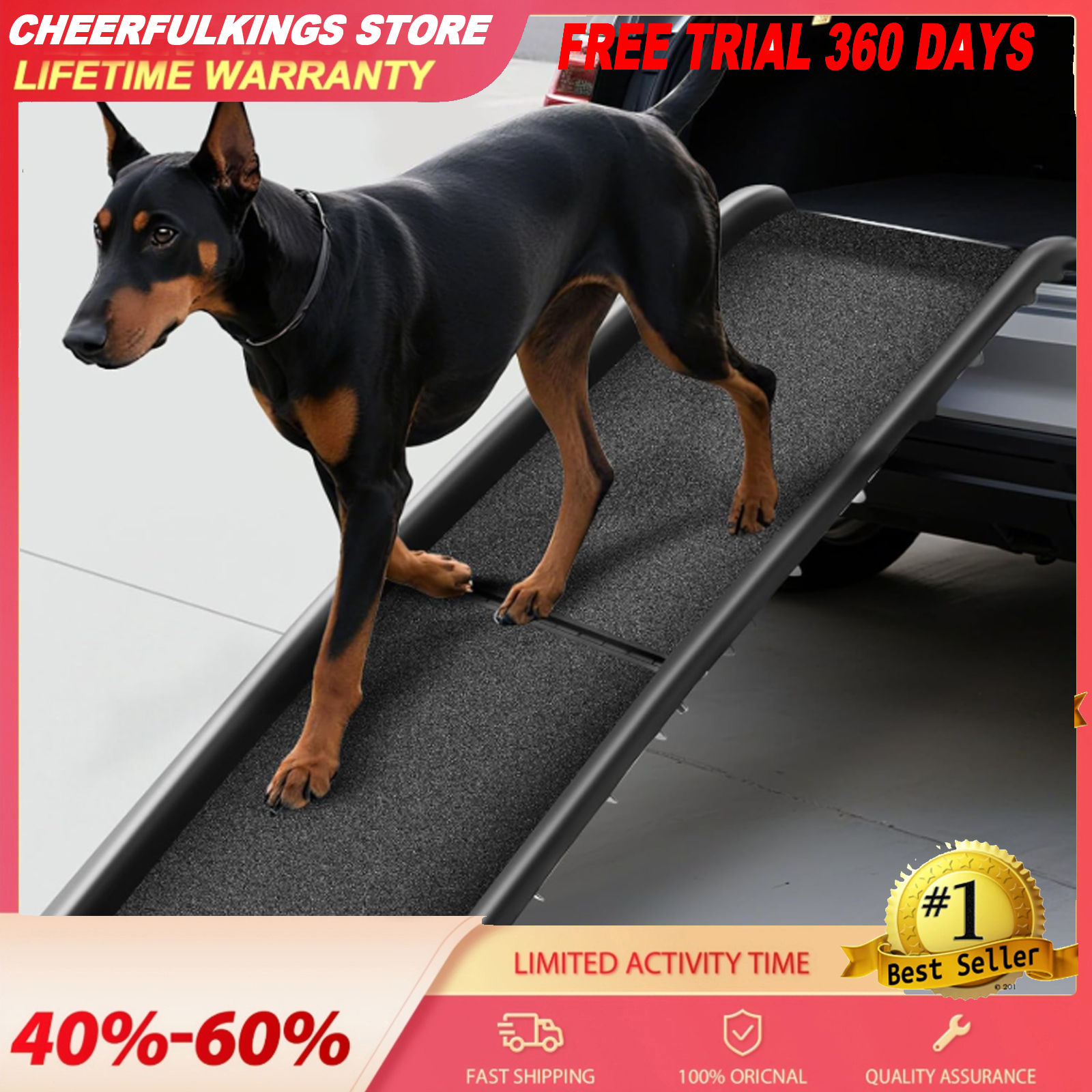 Cheerfulkings Foldable Dog Car Ramp – Non-Slip Lightweight Pet Access Stair