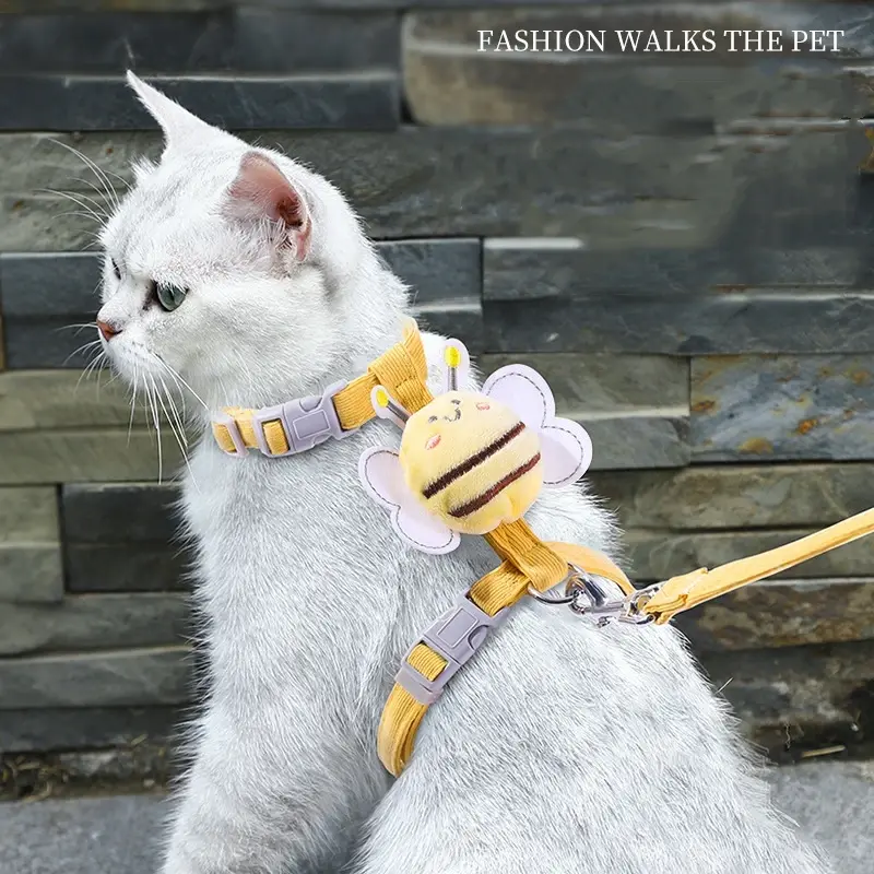 Cat Harness Leash Collar Set Adjustable Cartoon Bee Double Layer Dog Harness for