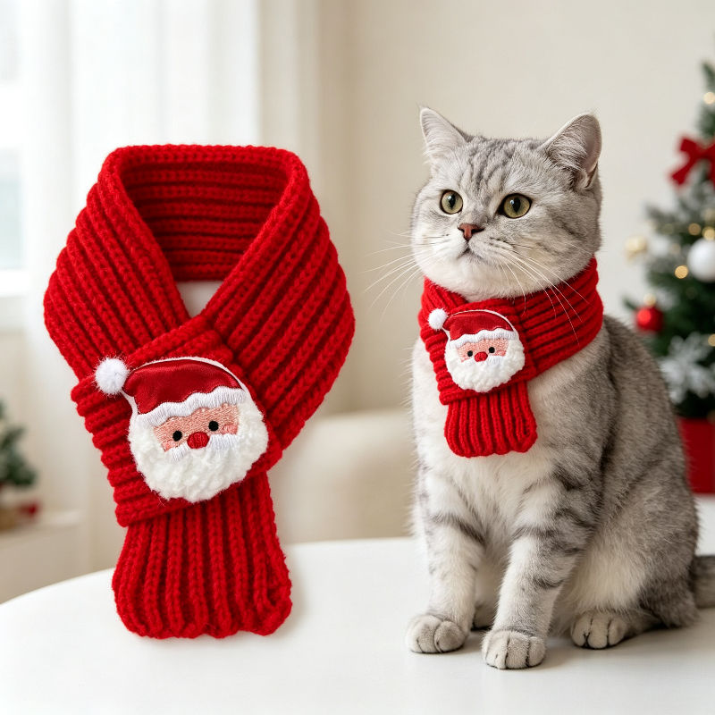 Christmas Pet Knit Scarf Santa Decor Warm Collar, Winter Neckwear for Cats Small