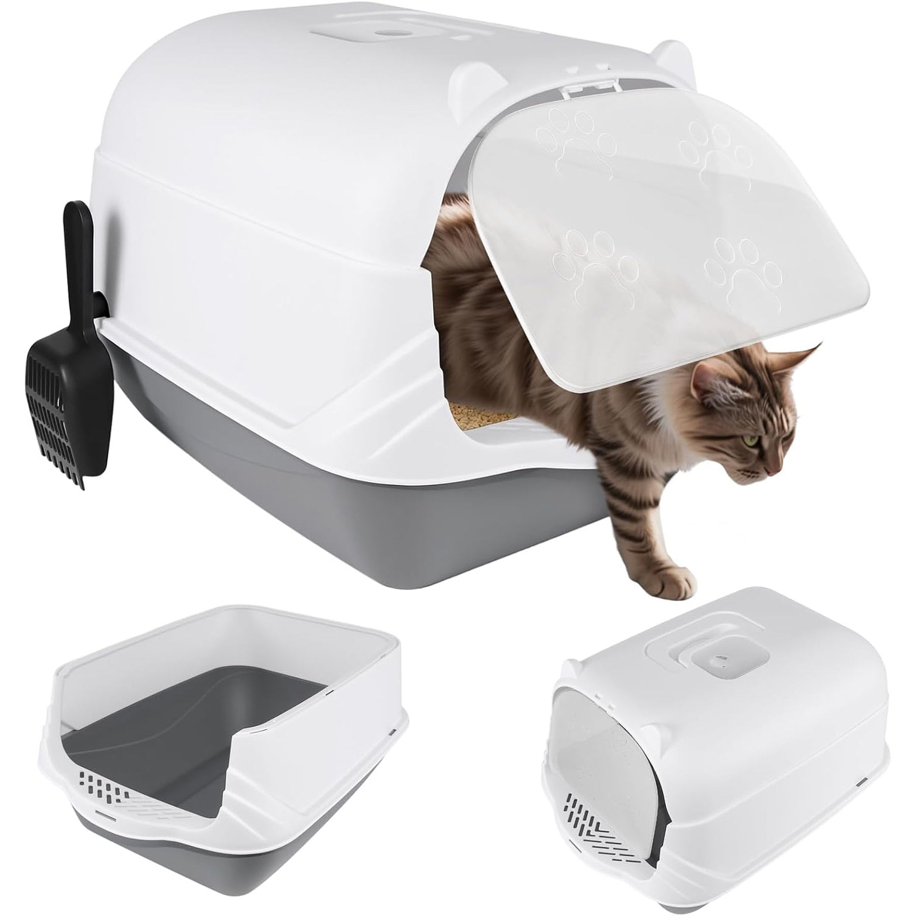 Large Hooded Cat Litter Box – Grey Enclosed Litter Tray with Double-Action Doo
