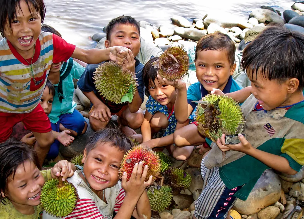 Penan children holding durian fruits smile next to a river
