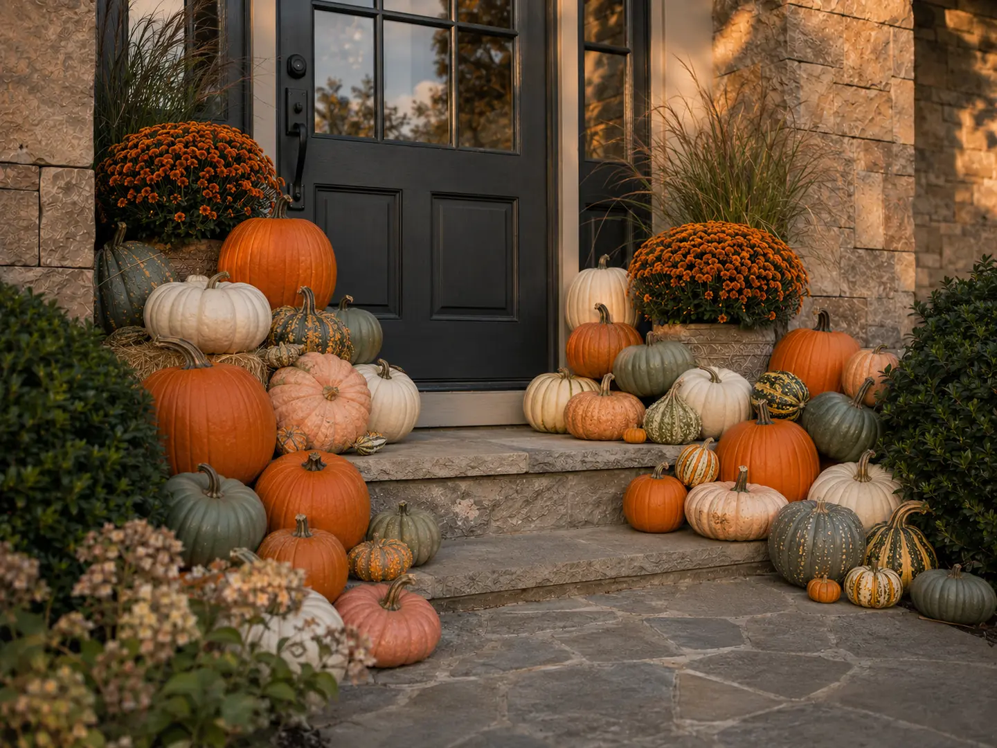 Professionally designed Classic Fall Porch with mixed pumpkins, layered risers, and optional mum add-ons