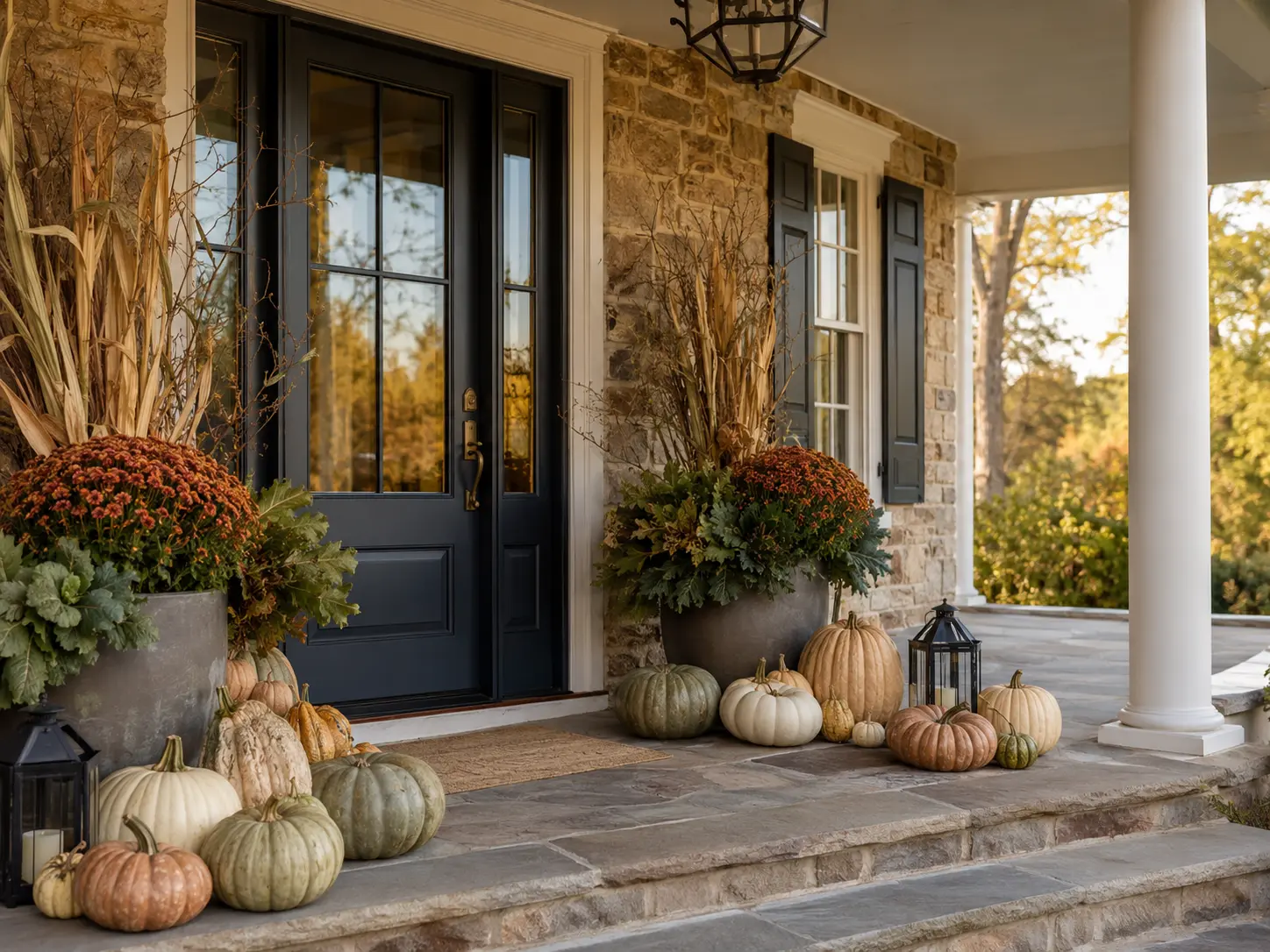 Professionally styled fall porch with layered pumpkins, planters, and natural textures