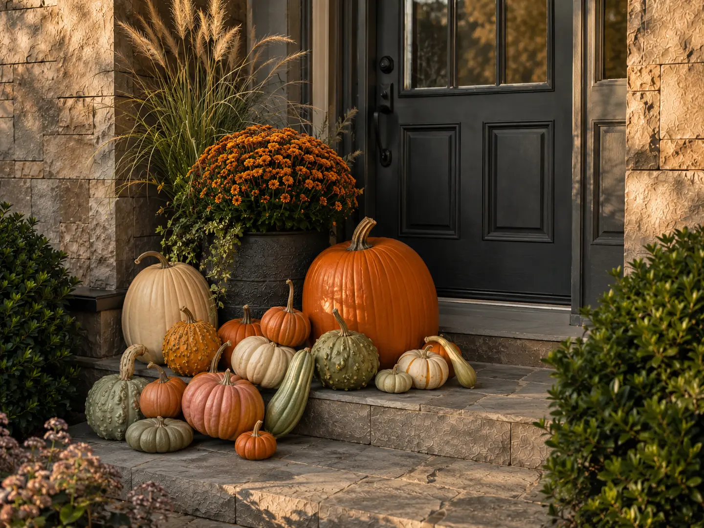 Professionally layered Simple Entry fall porch with mixed pumpkins, gourds, and an optional mum add-on arranged at varied heights