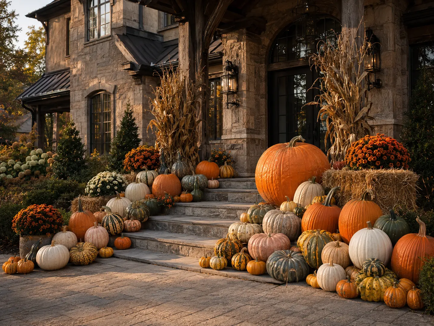 Estate-scale fall porch installation with layered pumpkins, gourds, hay bales, cornstalks, optional mum add-ons, and one Blue Ribbon Reserve pumpkin