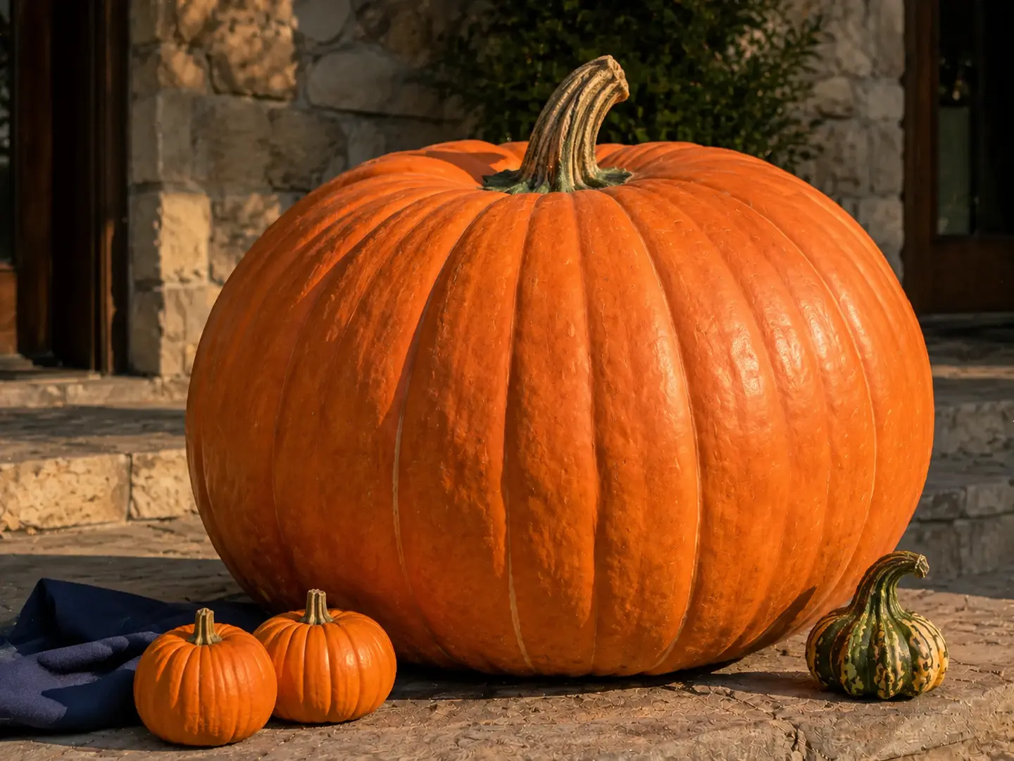 One intact oversized Blue Ribbon Reserve orange pumpkin shown beside two standard pumpkins and a gourd for honest scale