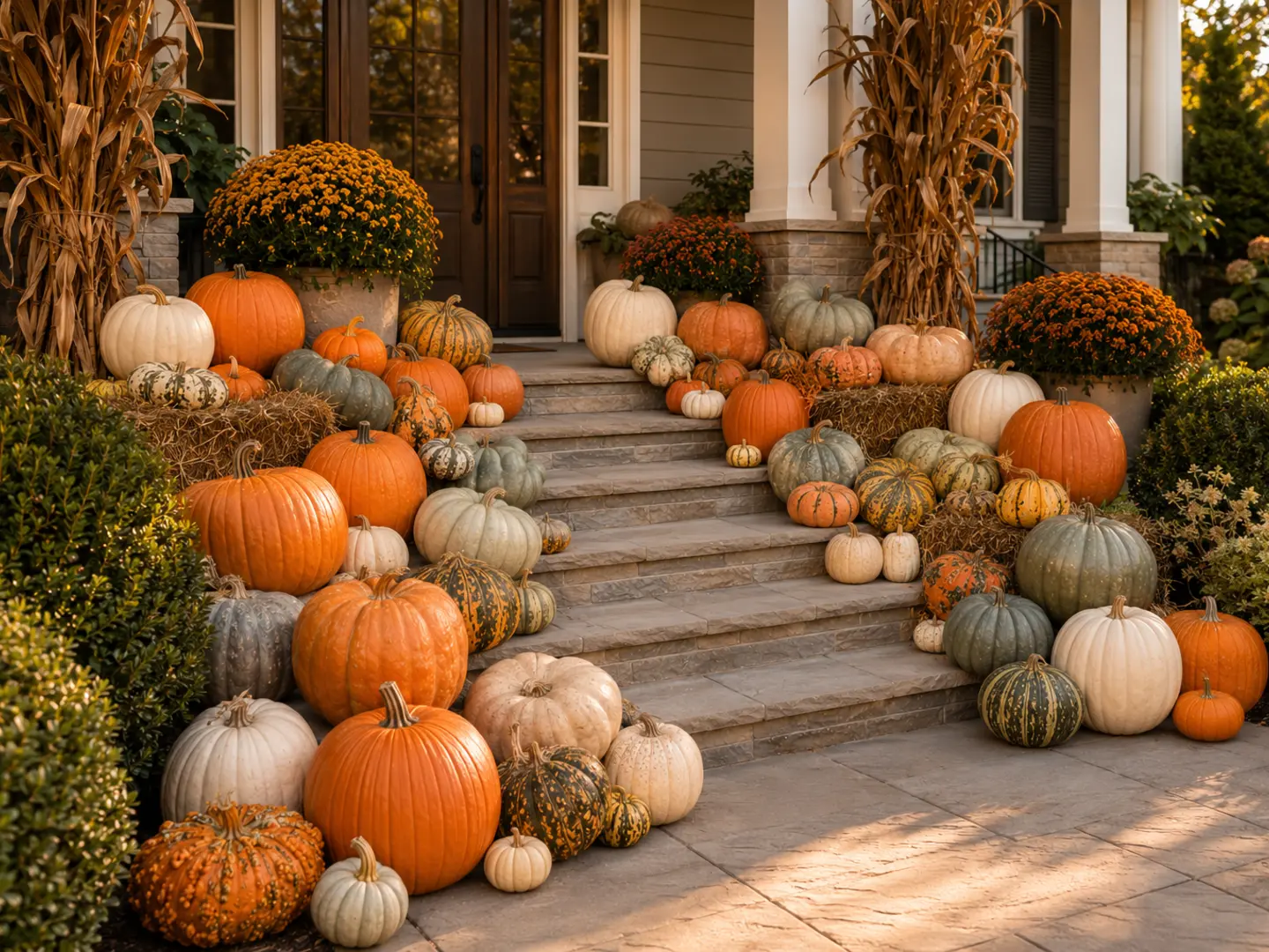 Luxury Premium Porch and Steps installation with layered pumpkins, gourds, hay bales, cornstalks, and optional mum add-ons