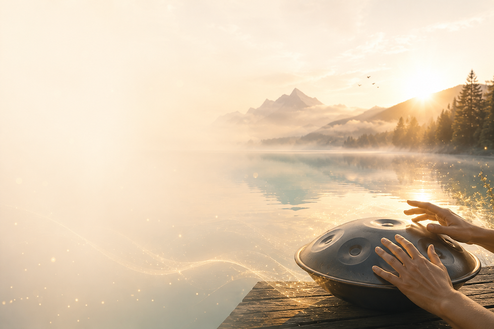 Mains jouant du handpan au lever du soleil sur un lac.