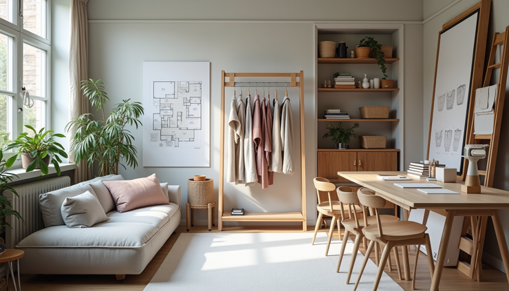 High angle view of a well-organized interior design workspace with samples and plans