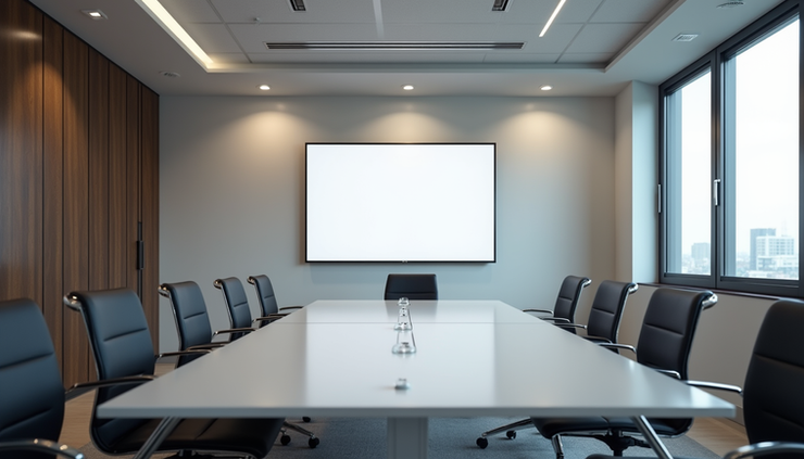 High angle view of a Bangalore office meeting room with digital whiteboard and ergonomic chairs