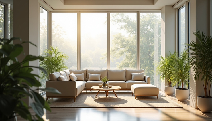 Eye-level view of a bright Bangalore office lounge with natural light and indoor plants