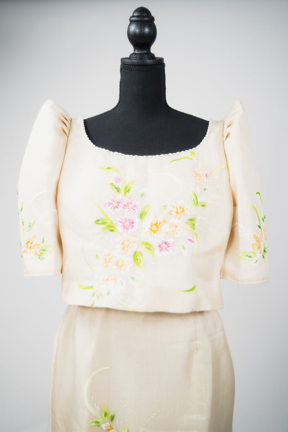 Thumbnail: Women's Pina Cocoon Handpainted Beige Filipiniana Terno