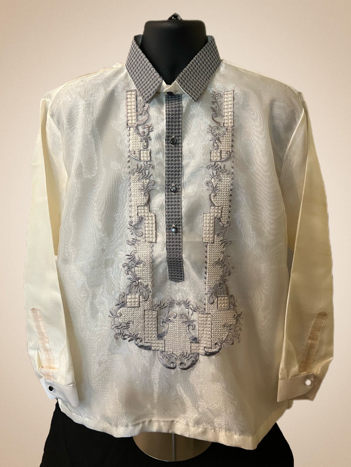 Men's Organza Beige Long Sleeve Barong Tagalog with Silver Pattern