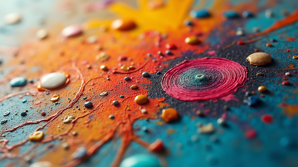 Close-up view of a vibrant mixed media artwork showcasing layers of texture and color