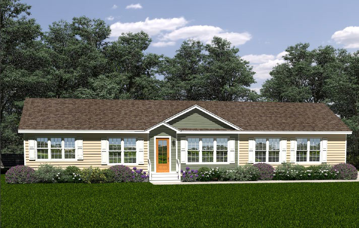 Exterior rendering of The Woodland modular ranch home by Franklin Homes