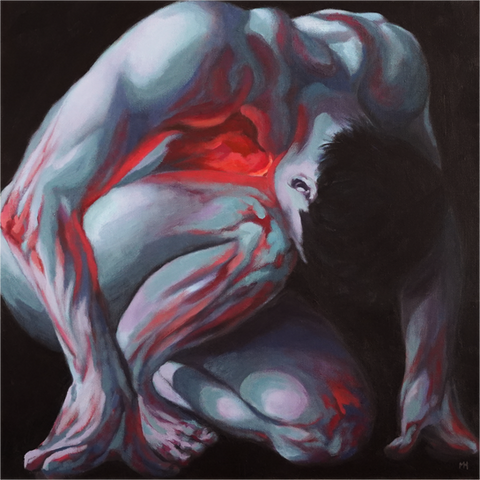 Figurative painting depicting a nude man contorted to fit into a square, he is holding his head and looking away, his skin is blue and purple and his chest is glowing like lava