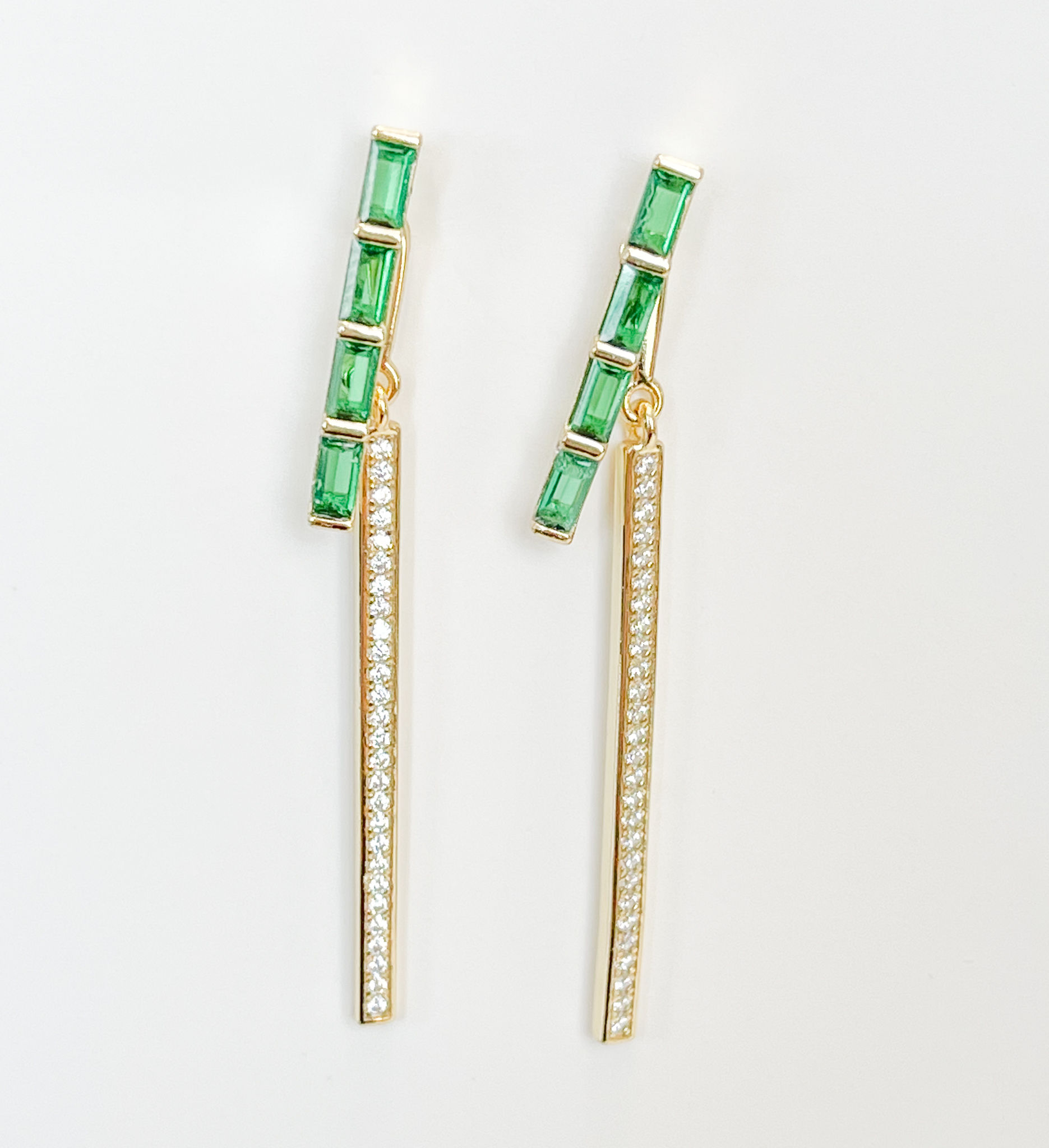 Gold Emerald Bar Drop Earrings