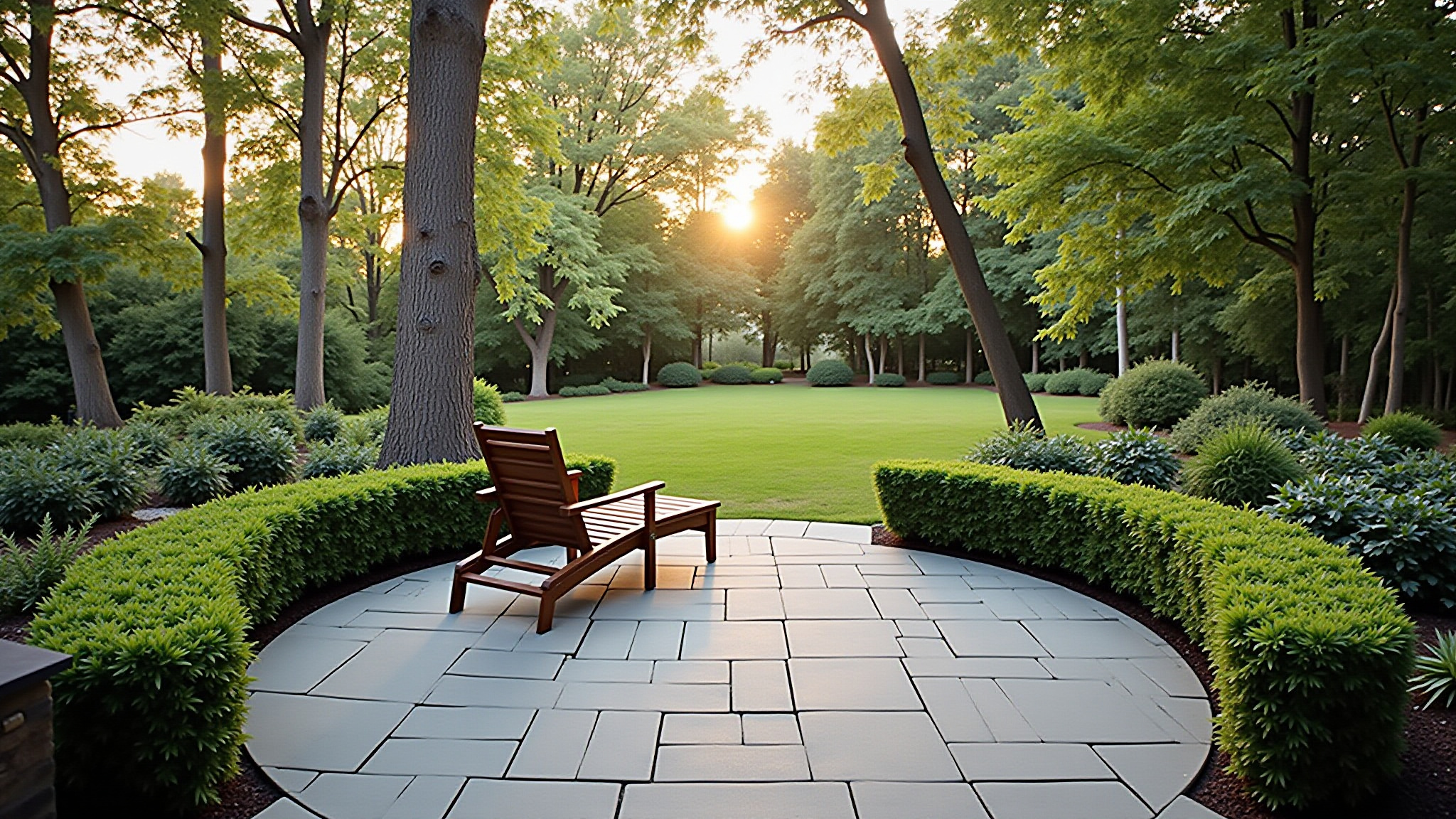 Beautiful patio image of Adirondack chair facing a sunset.