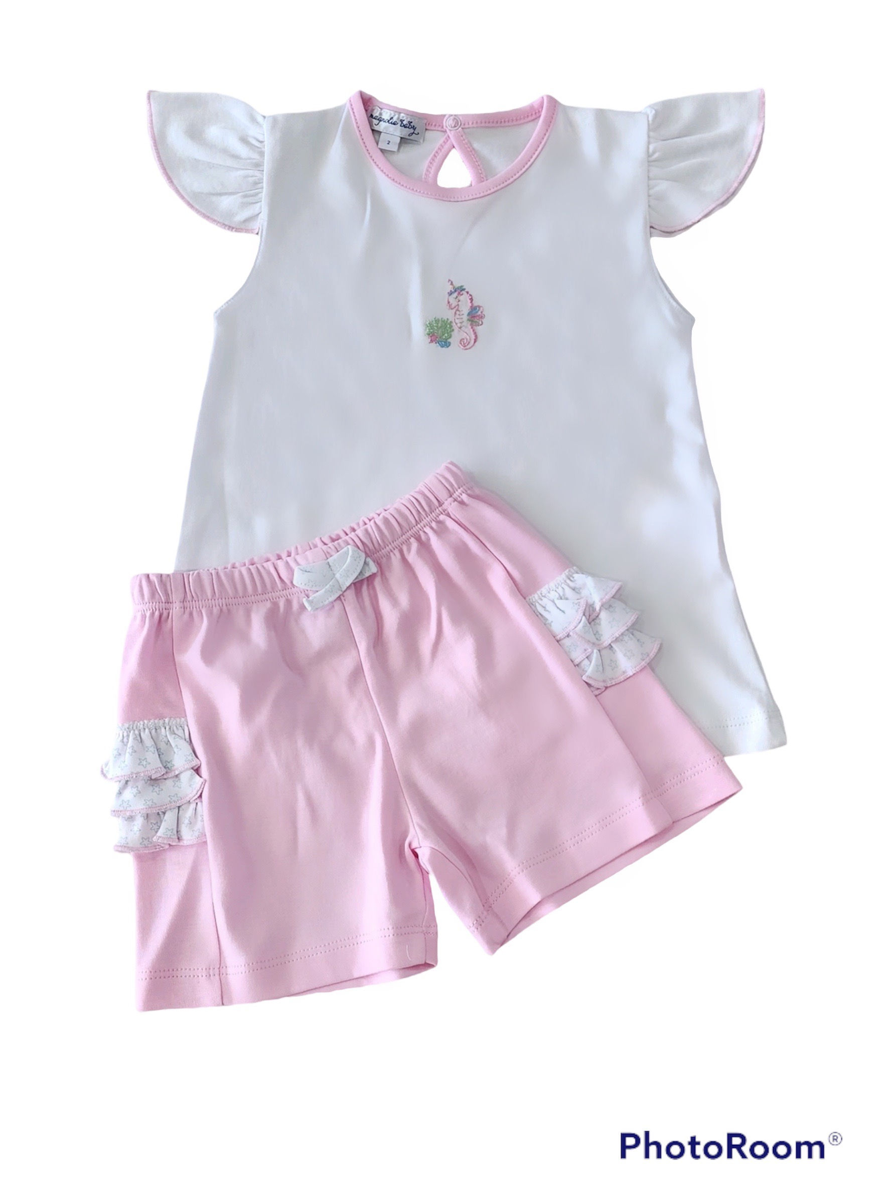 Sea Unicorns Embroidered Ruffle Flutters Short Set by Magnolia Baby