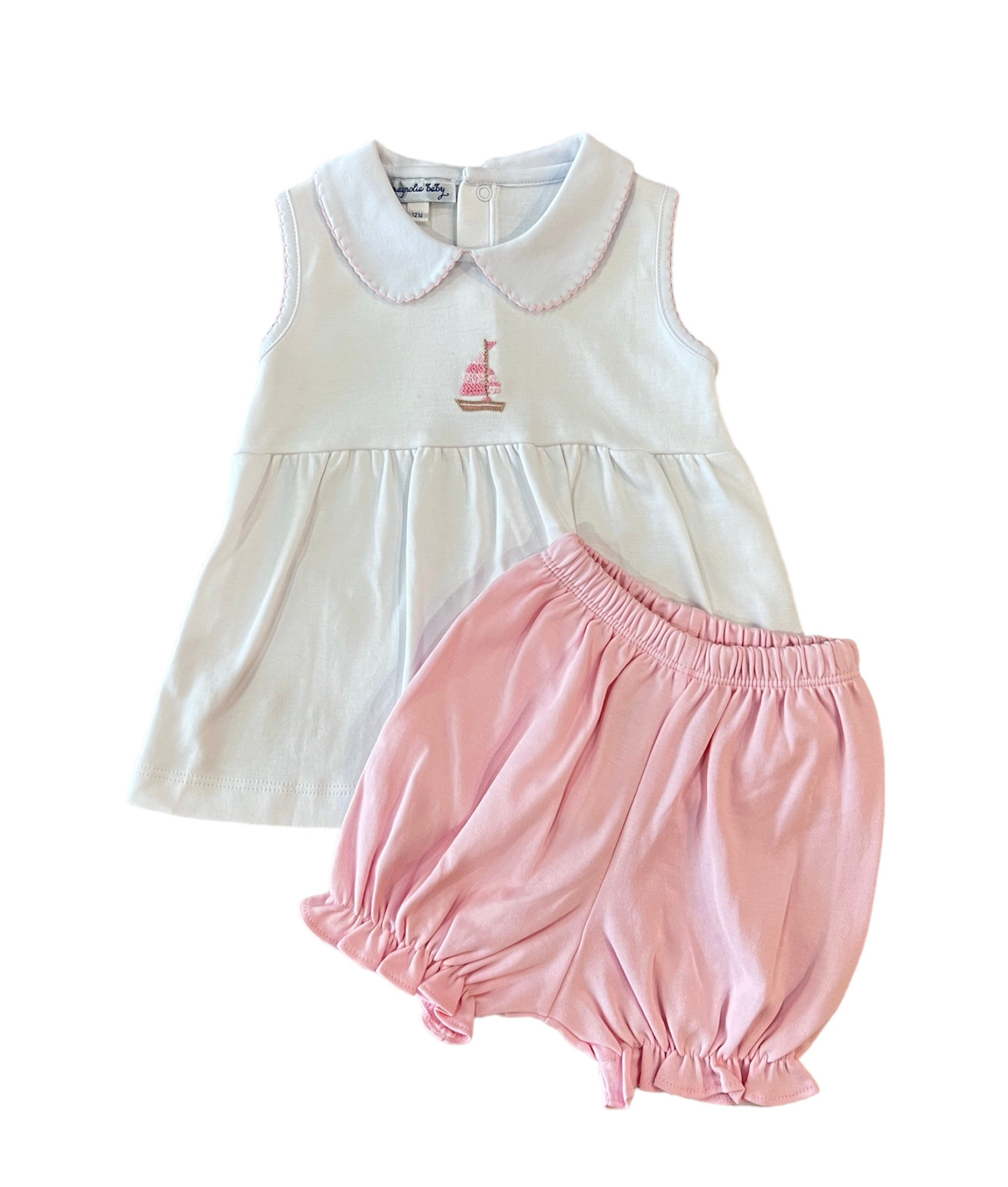 Tiny Sailboat Emb Collared Sleeveless Pink Bloomer Set by Magnolia Baby