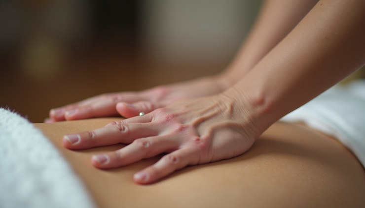 Close-up view of a massage therapist’s thumb applying pressure to a muscle knot