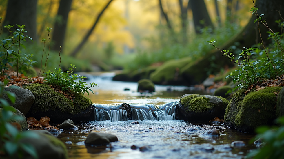 High angle view of a calming nature scene with a flowing stream