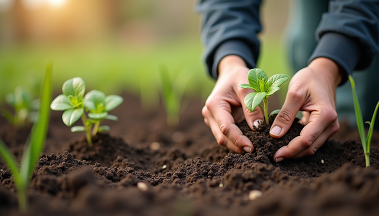 Close-up view of hands planting seedlings in a community garden bed during spring in Utah