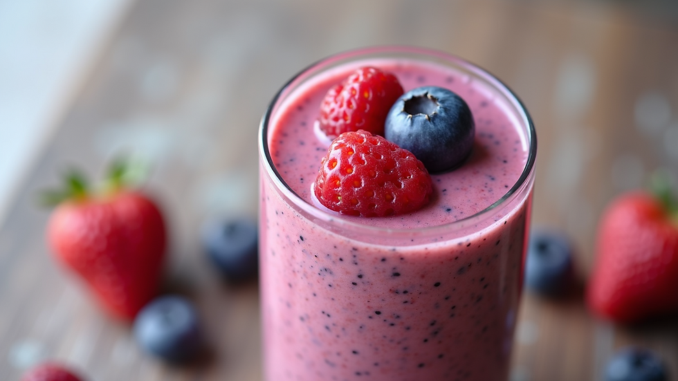Eye-level view of a protein-rich smoothie with berries