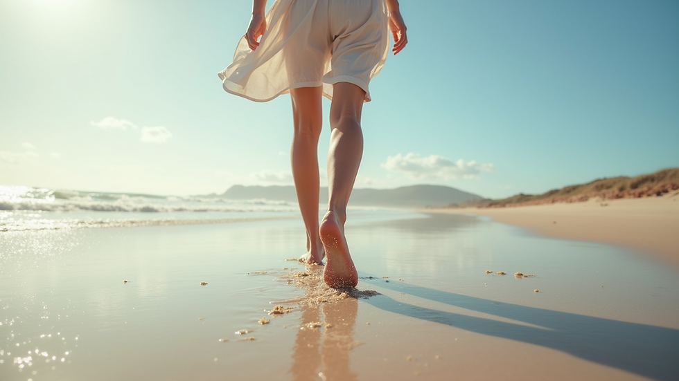 Eye-level view of a person walking barefoot on a sandy beach