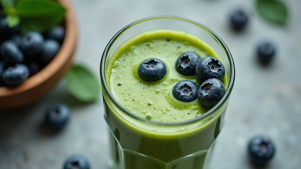 High angle view of a creamy green smoothie with blueberries