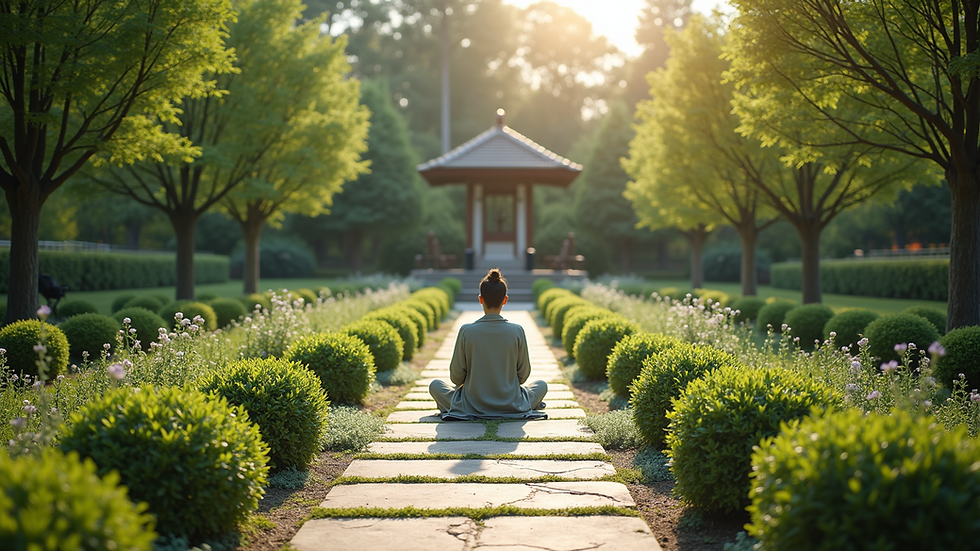Wide angle view of a peaceful garden ideal for mindfulness activities