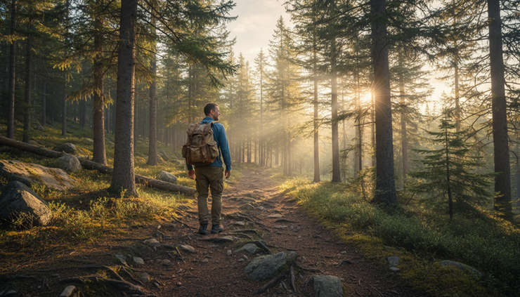 Wide-angle view of a lone hiker walking along a rugged forest path