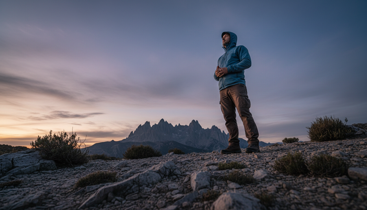 Low-angle view of a man looking toward a mountain ridge at dusk