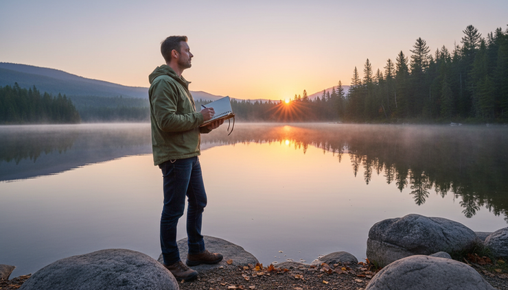 Eye-level view of a man standing beside a quiet lake at sunrise