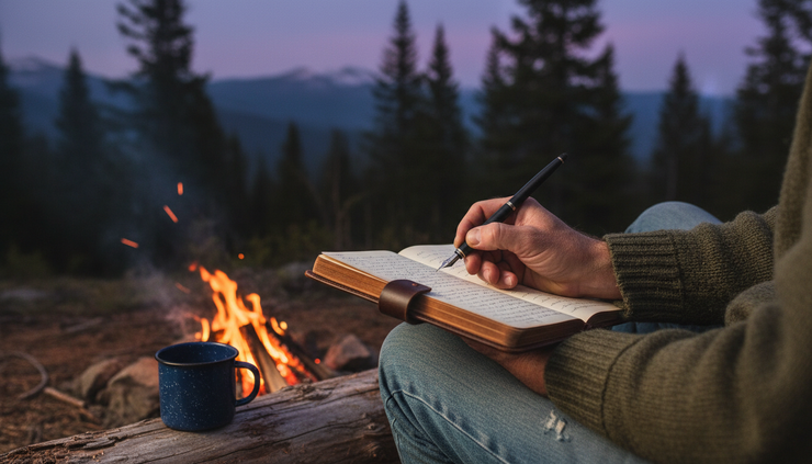 Close-up of a hand writing in a worn journal beside a campfire