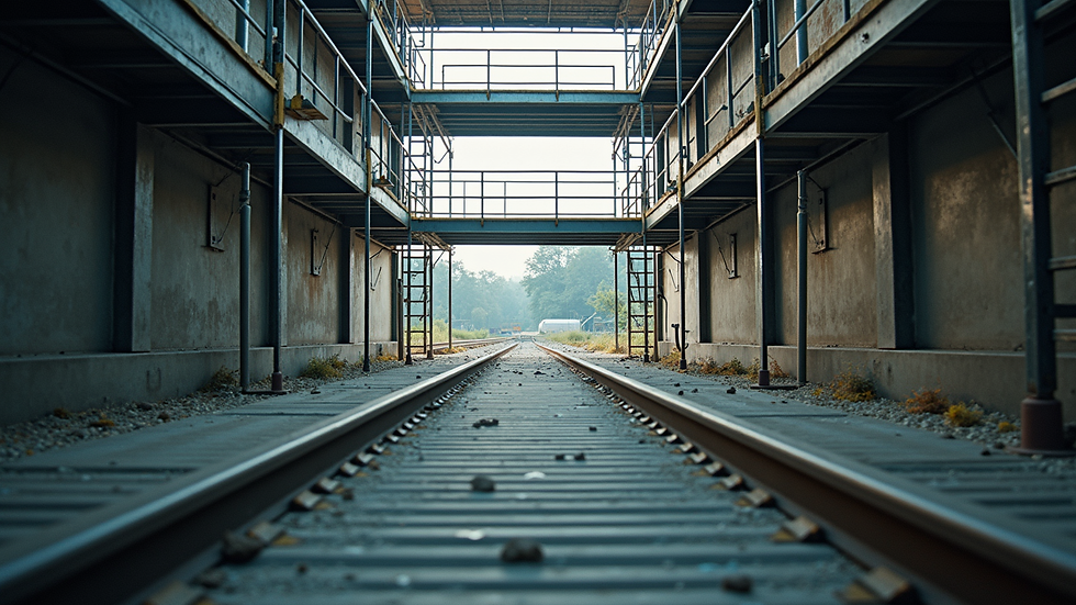 Eye-level view of a metal scaffolding structure with guardrails on an industrial site