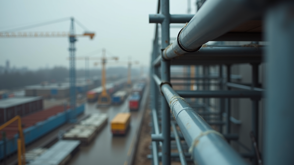Close-up view of scaffolding components and connectors on an industrial site