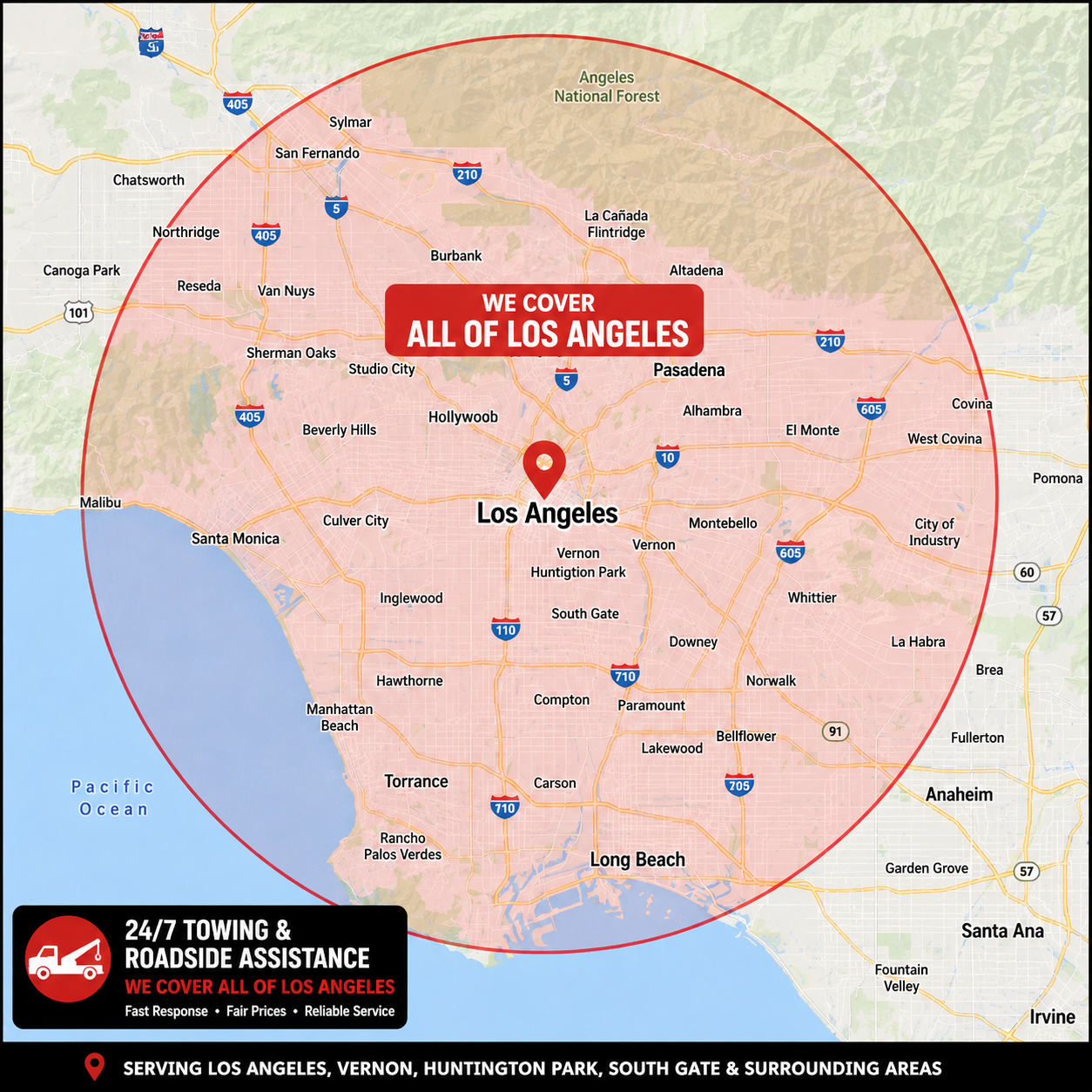 Map of the Los Angeles area showing D&L Towing's coverage zone