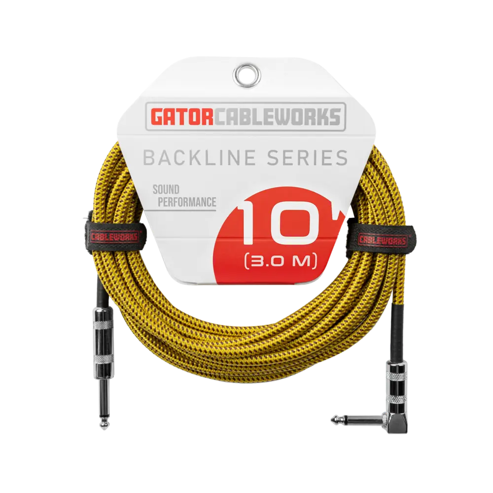 Gator Cableworks Backline 10 Ft Strt to RA Braided Instrument Cable-Brown/Yellow