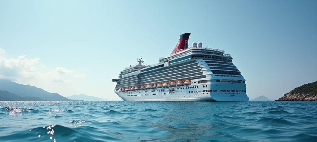 The image shows a Virgin Voyages ship sailing on clear blue water.