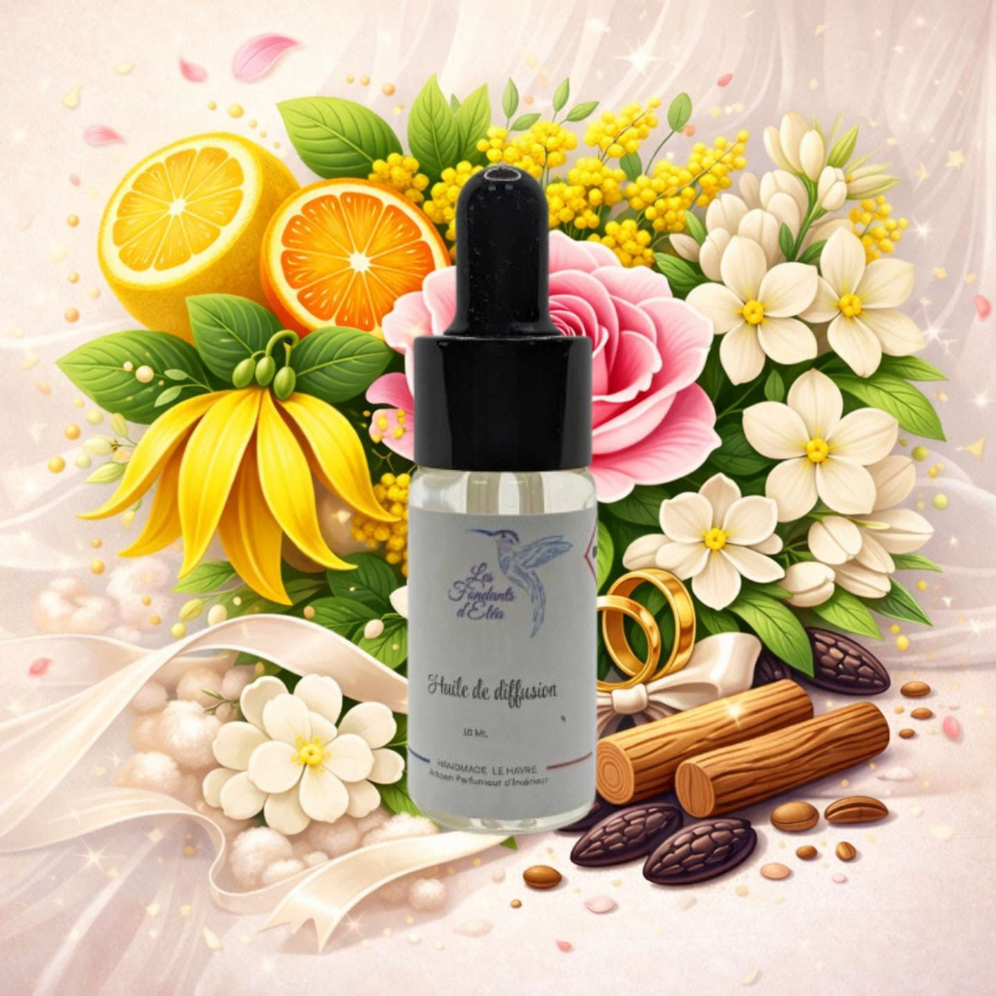 Huile de diffusion parfum wedding day aux notes florales élégantes rose jasmin et agrumes ambiance mariage