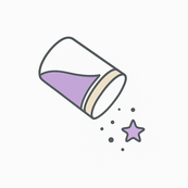 Icône minimaliste d’un pot incliné versant une poudre magique parfumée avec étoile lavande et détails beige, style doux et enchanteur Les Fondants d’Eléa