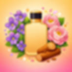 Illustration parfum Capitale avec flacon stylisé entouré de violettes, roses et bois en arrière-plan